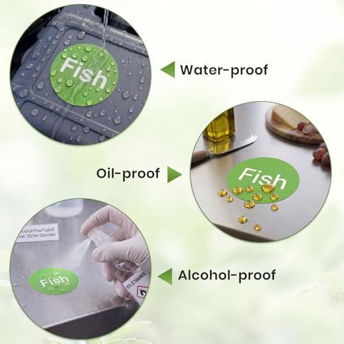 1000 Pcs Fish Food Labels 1 Inch, Vinyl Green Round Food Stickers Waterproof Oil Proof Adhesive Roll for Deli Sandwich Shop Seafood Market Catering Restaurant
