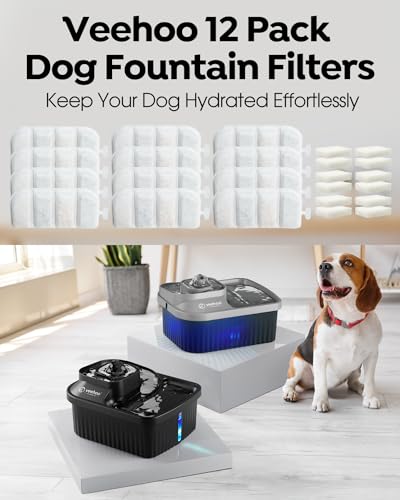Veehoo 12 Pack Replacement Filters & 12 Pack Pre-Filter Sponges Set for 2.4Gal Dog Water Fountain, 6 Months Set of Replacement Filters for Dog Water Dispenser