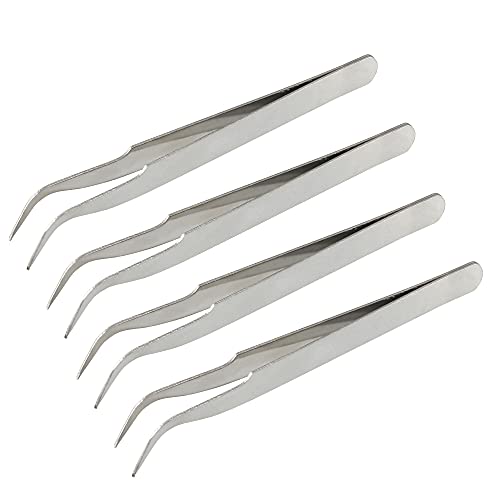 uxcell Silver Tone 5 Inch Length Metal Bent Tip Tweezers Metal (4 Pack)