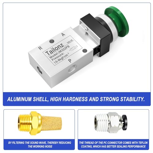 TAILONZ PNEUMATIC Green 1/4”NPT Manual Control type Mushroom Push Button 3 Way 2 Position Pneumatic Control Mechanical Valve - size: 3 Way 2 Position