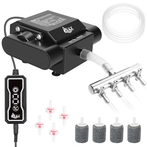 AQQA Powerful Aquarium Air Pump with Controller, Feeding Mode, 9-Speed Airflow Adjustable 4 Air Outlets Oxygen Aerator with Complete Accessories for Large Fish Tanks, Ponds & Seafood Markets (10W/15W) - size: 10W, 237GPH