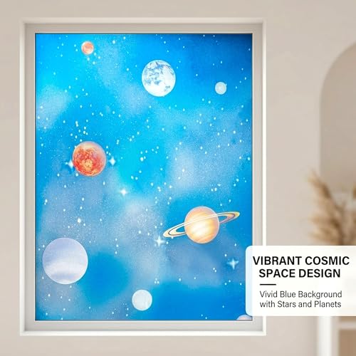 Blue Window Privacy Film Stained Glass Sliding Door Cling Decorative Galaxy Planet Static Tint UV Blocking Non-Adhesive Covering Stickers Cover Decal for Kids Bedroom,17.5x78.7in. - color: Galaxy Blue, size: 17.5''x78.7''