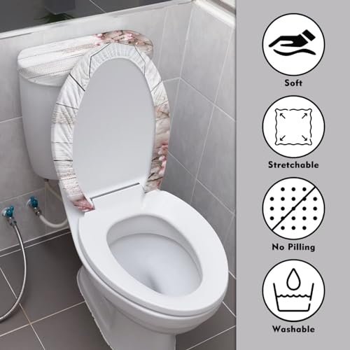 Toilet Lid Cover and Toilet Tank Lid Cover 2 PCS, with Elastic Edges Bathroom Decor Accessories Fit for Most Round Elongated and Oblong Lids, Pink Flower Wood Grain - color: Pink Flower Wood Grain