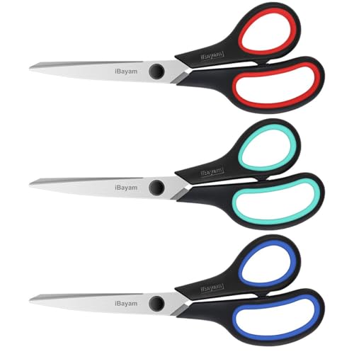 iBayam 3-Pack 8" Heavy Duty Scissors with Ultra Sharp Blades and Comfort Grip Handles - For Office, Home, School, Sewing, and Crafts - color: Red, Green, Blue, size: 3-Pack