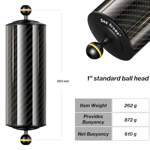 Sea frogs Carbon Fiber Float Arm D80mm, 10'', for Ultralight, Aquatic Arm, Buoyancy Provided 900g, Underwater Camera System Diving Tray Video Light/Strobe GA-11 - color: D80mm, 10'' Carbon Fiber Float Arm
