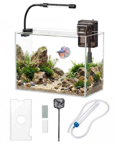 Glass Fish Tank Kit, 3 Gallon Betta Fish Tank Aquarium Starter Kit with Filter, Lights, Lid, for Betta, Goldfish, Small Fish or shrimg，Clear - color: Transparent, size: 3 Gallon