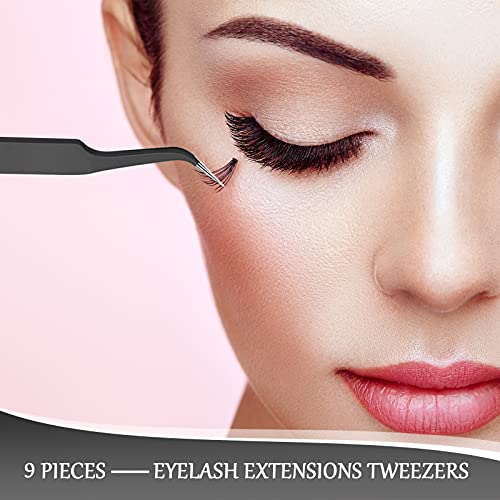 Honoson 9 Pieces Curved Pointed Craft Tweezers Stainless Steel Precision Tweezer with Protective Cover for Rhinestones Dried Flowers Craft Stickers Eyelash Extension Jewelry Making(Black) - color: Black