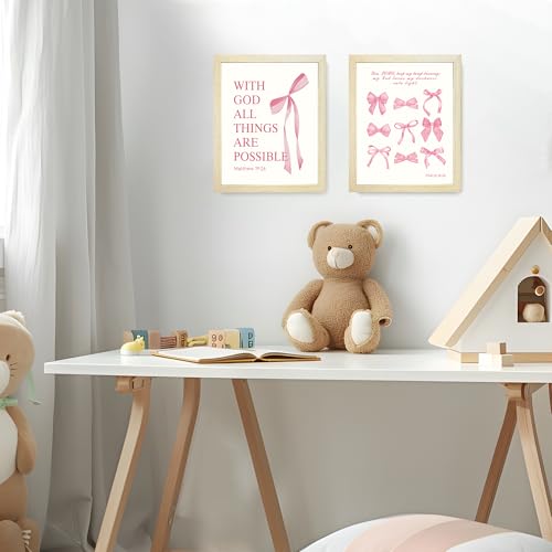 LARTSFRO Coquette Pink Bow Wall Art Decor Posters, Pink Bow Room Bedroom Bathroom Dorm Wall Art Decor Aesthetic for College Teen Girls Gifts, Inspirational Bible Verses Bow Wall Decor, 10x8 Inch Set of 4 Pcs Bow Pictures (WOOD-GRAIN FRAMED) - color: Wood