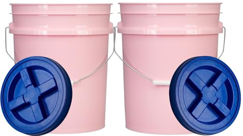 House Naturals Food Grade 5 Gallon Made in USA Plastic Bucket with Air Tight Screw on Lid (Pack of 2) (Pink with Blue Lids) - color: Pink With Blue Lids