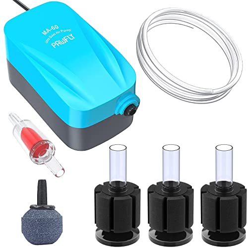 Pawfly Aquarium Air Pump with Nano Bio Sponge Filter Kit Air Control Valve Airline Tubing and Check Valve Accessories for 5-10 Gallon Small Fish Tank