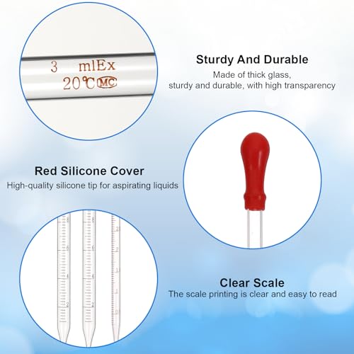 3Pcs Glass Pipettes Dropper, 10ml Graduated Liquid Dropper with Rubber Bulb for Laboratory, Medicine, School, Food, Research