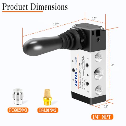 AirTAC 1/4"NPT 5 Way 3 Position Pneumatic Solenoid Valve Manual Control Push-Pull Air Hand Lever Operated Valve 4H230C-08 - size: 1/4"NPT, style: 5 Way 3 Position