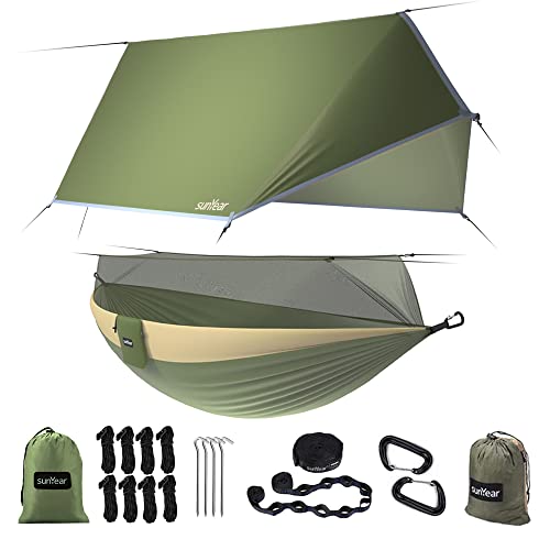 Camping Hammock, Portable Single & Double Hammock with Net, 2 Person Hammock Tent with 2 * 10ft Straps, Best for Outdoor Hiking Survival Travel