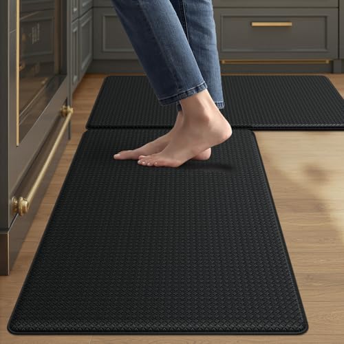 Color&Geometry Anti Fatigue Cushion Padded Kitchen Mat for Floor - 17x29+17x29,Easy Clean, Water & Oil Proof, Non Slip, Foam Rubber Small Runner Rug for Front Sink Comfort Standing, Black Set of 2 - color: Black, size: 17"x29"+17"x29"