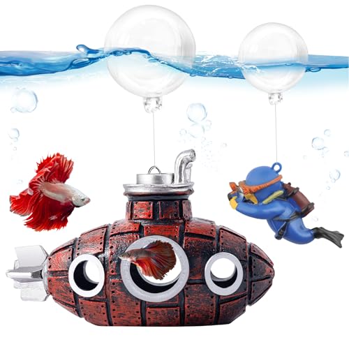 New Upgrade Floating Fish Tank Decoration, Cute Retro Submarine Set and Floating Diver,Three Float Balls, Aquarium Decorations Resinous Betta Fish Tank Accessories - color: Reddish Brown