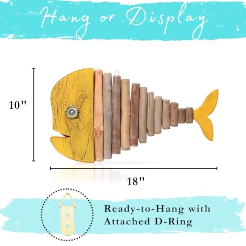Driftwood Fish Nautical Wall Decor - Handmade Wooden Rustic Coastal Wall Art for Living Room, Bedroom, Office, Bathroom - Ocean Beach Decoration (Goldie)