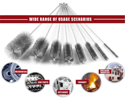 16 Inch Extra Long Pipe Cleaning Brush Set Stainless Steel Bristles, Stainless Steel Pipe Brush Steel Bottle Brush 8 Piece Variety Pack for Auto Parts, Bottles,Tubes, Etc.