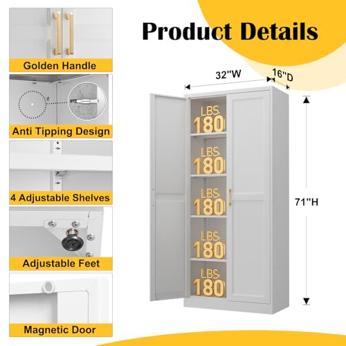 SteeLoong Kitchen Pantry Cabinet,71”White Metal Pantry Storage Cabinet with Doors and 4 Adjustable Shelves,Kitchen Cabinet with 2 Gold Handles,Tall Cabinet for Livingroom,Pantry, Bathroom,Kitchen - color: White, size: 71"H