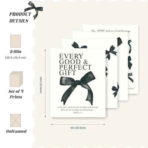 LARTSFRO Coquette Black Bow Christian Gifts Wall Art Decor Posters for Women, Black Bow Bible Room Bedroom Bathroom Dorm Wall Art Decor Aesthetic for Teen Girls Gifts, Inspirational Bible Verses Bow Wall Decor, 10x8 Inch Set of 4 Pcs Bow Pictures (UNFRAME