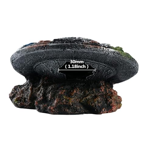 Saim UFO Wreckage Aquarium Ornament - Eco-Resin Fish Tank Hideout with Exploration Cave for Betta & Shrimp, 5.11" Stable Base Underwater Landscape Decor