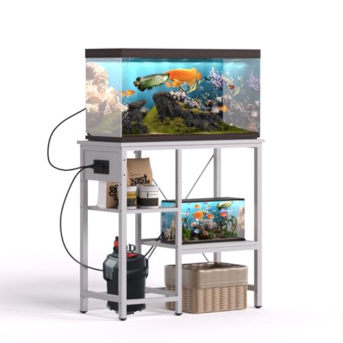 BEURUKU 20-29 Gallon Fish Tank Stand with Power Outlet & LED Light, Metal Aquarium Stand with 3 Tier Adjustable Storage Shelves, Tank Stand for Reptile Tank, Turtle Tank, 30.7" L*13.8" W, White - color: White, size: 20-29 Gallon