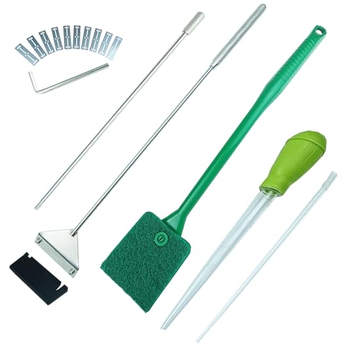 25.2 Inch Aquarium Algae Scraper/Remover for Glass Fish Tanks, Stainless Steel Cleaner Tool Kit/Cleaning Accessories with 10 Replaceable Blades + Coral Feeder + Double-Sided Sponge Brush