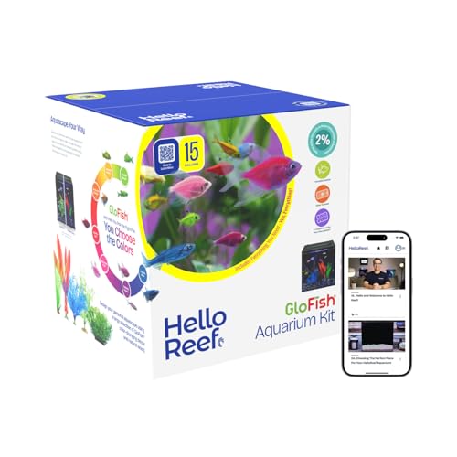 HelloReef 15 Gallon Glofish Complete Freshwater Aquarium Kit with App Controlled Smart LED Lighting, Filtration, Glofish Decor, and Guided Online Learning Center