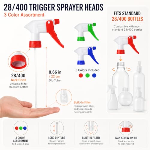 60 Pcs Spray Nozzles for Bottles, 3 Color 28/400 Spray Bottle Sprayer Replacement with Tubes and Filter Screens for Cleaning, Salon, Garden Refills - color: Red, Green, Blue (3 color)