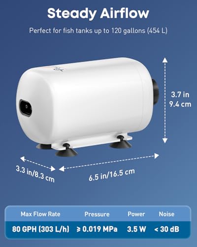 Pawfly Aquarium Air Pump, 80 GPH Fish Tank Air Pump for Tank up to 120 Gallons, Ultra Quiet Adjustable Oxygen Pump with Airline Tubing, Air Stone & Check Valve, Aerator for Fish - size: 3.5 W (Up to 120 Gallons)