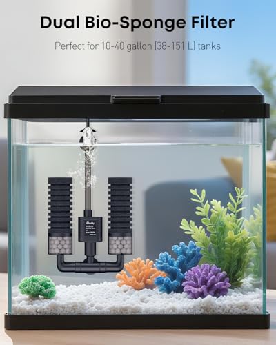Pawfly Aquarium Sponge Filter, 70 GPH Fish Tank Filter, 3 W Submersible Small Aquarium Filter with Water Pump, Double Foams & Ceramic Balls, Quiet Bio Sponge Filter for 10-40 Gallon Tanks - size: S (For 10-40 Gallon)