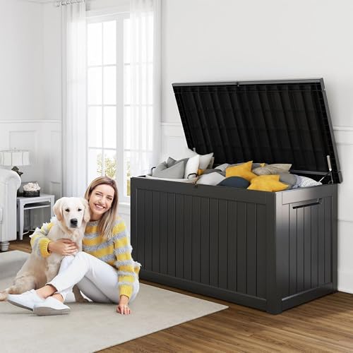 PatioZen 230 Gallon Resin Deck Box, Lockable Patio Outdoor Storage Box for Furniture, Garden Tools and Tools Storage, Waterproof Outside Storage Boxes - Black - color: Black, size: 230 Gallon