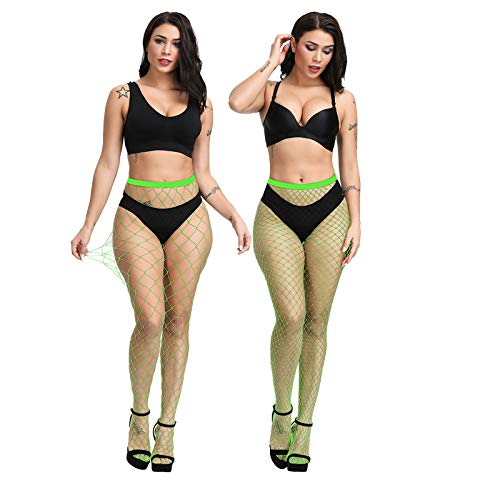 EVERSWE High Waist Fishnet Tights, Thigh High Suspender Stockings - color: Neon Green (Large Grid+medium), size: Small-Medium