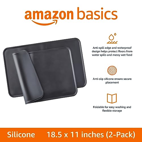 Amazon Basics Waterproof Anti-Slip Silicone Cat & Dog Food Mat, Pet Mats with Raised Edges for Food and Water Bowl to Protect Floors, 18.5 x 11.5 Inches, Black, Solid - Pack of 2 - color: Black, style: 18.5" x 11" (2-Pack)