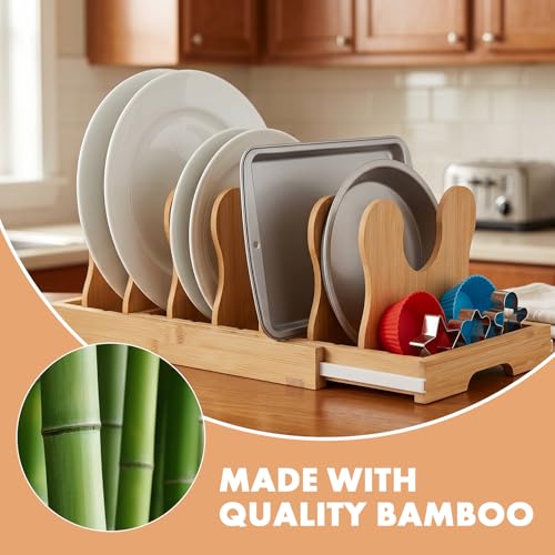 MEKER Pot Lid Holders, Cabinet Organizer for Food Contanier Lid, Bamboo Expandable Bakeware for Under Cabinet, Adjustable Dividers, Pot Lids Holder Rack, Cookie Sheet Baking Pan, Tray Organizer, 10PCS