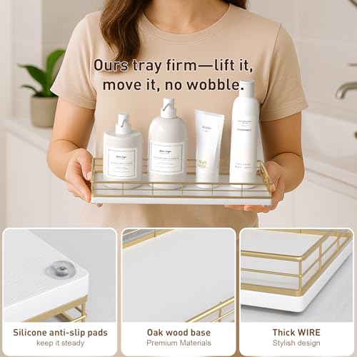 Toilet Paper Basket Organizer – Oak Wood Toilet Tank Tray with Metal Frame, Bathroom Counter Top Storage for Toilet Paper, Wipes & Decor, Modern Narrow Back of Tank Shelf Organizer, Gold & White - color: Gold & White, size: 13" x 6.5" x 2"