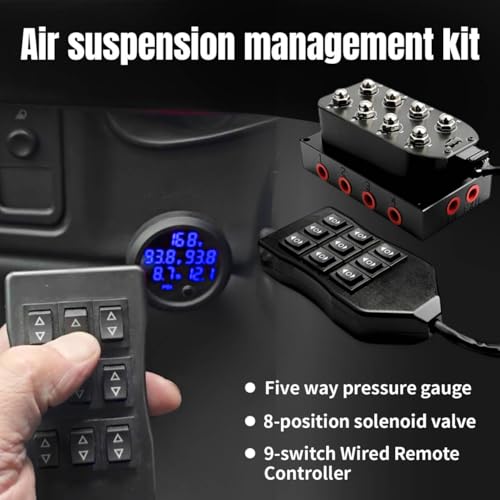 12V Solenoid Valve Air Ride Suspension manifold 8-Valve With 5M 9-switch Wired Remote Controller, equipped with five display air pressure gauge blue - color: Blue Gauge
