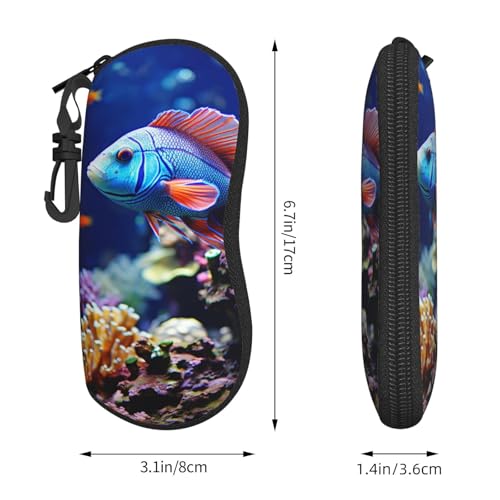 Coral Reef Fish Aquarium Glasses Case with Carabiner Ultra Light Neoprene Zipper Eyeglass Case Portable Sunglasses Soft Case