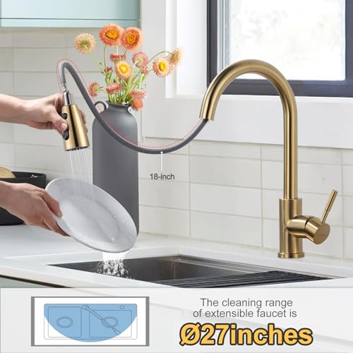 WOWOW Brushed Gold Kitchen Faucet With Sprayer, Stainless Steel High Arc Single Handle Sink Faucet for 1 or 3 Hole, Luxurious Gold Utility RV Kitchen Tap - color: Gold, style: Kitchen Faucet