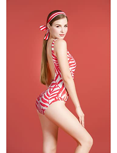 Women's Mesh Swimsuits One Piece Cutout Bathing Suits Backless Hollow Out Swimwear Sexy See Through High Cut Monokini - color: Red Leaf, size: 8