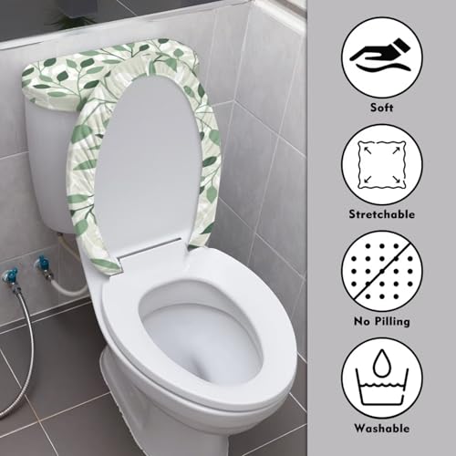 Polyester Toilet Lid Cover and Toilet Tank Lid Cover 2 Pcs, Durable Fabric Dust Cover with Elastic Edge Bathroom Decor Fit Most Round Elongated Oblong Lids, Green Leaves - color: Green Leaves