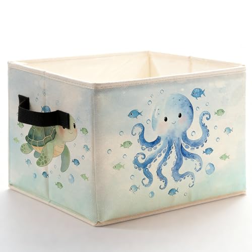 Blue Coastal Beach Animal Storage Bins Box with Handles, Sea Turtle Octopus Seahorse Nautical Ocean Foldable Basket Toybox for Kids Room Nursery Bathroom Home Clothes Toys Books - color: color-1