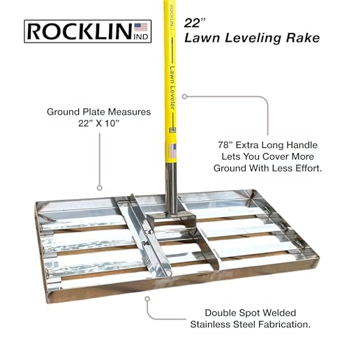 Rocklin™ Lawn Leveling Rake – 22” x 10” Stainless Steel Leveling Tool with 78” Handle | Smooth & Level Soil or Grass | Durable Leveling Tool for Lawn, Yard | Fathers Day Gift for Dad, Husband & Men - size: 22 Inches