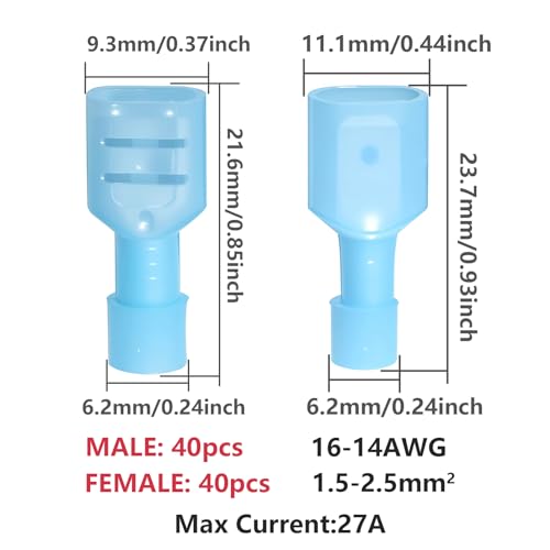 16-14 AWG Nylon Male and Female Spade Connectors Insulated Blue Quick Disconnect Wire Connector Spade Crimp Terminals (Pack of 80Pcs)