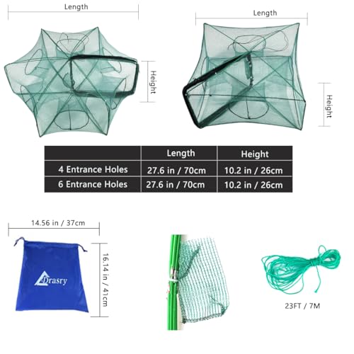 Drasry Black Fishing Bait Trap Foldable Fish Net for Minnow Crab Crayfish Crawdad Shrimp Trap Cast Net Dip Cage Collapsible Easy Use 4 6 Hole Fishing Accessories - color: green, size: 27.6*10.2 in（ 70*26 cm）, style: 1pcs 4 Entrance Holes