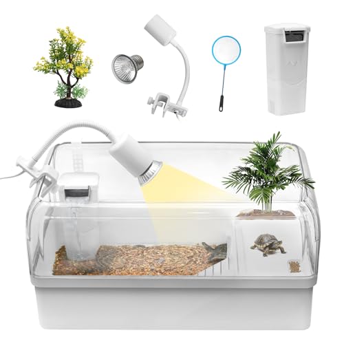 Turtle Tank Acrylic Habitat Kit with Silent Filter & Bottom Drain,UVB Basking Platform Light,Multi-Zone Aquatic Tortoise Enclosure with Hideout,Feeding Area,Plant,Net & Accessories for Baby