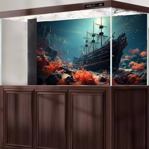 Shipwreck Aquarium Background Vibrant Coral Reef Marine Life Sunken Pirate Ship Fish Tank Background Stunning Underwater Rock Submerged Structure Reptile Tank Enclosure Terrarium Backgrounds 24x12in - color: Dark Blue_Orange, size: 24(W)x12(H)in