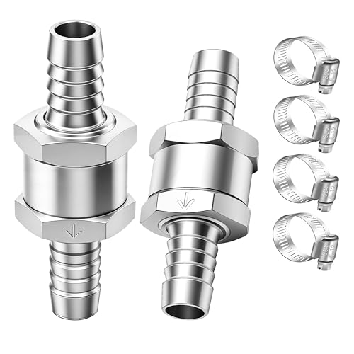 mxuteuk 2Pcs 3/8" 10mm Aluminium Silver Non Return One Way Check Valve with 4Pcs 6-12mm Universal Adjustable Hose Clamps for Fuel Petrol Diesel Line Oil M-H-032-10mm - color: Silver, size: 3/8" 10mm