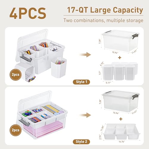 Citylife 17 QT Plastic Storage Box with Removable Tray and 6 Detachable Tall Inserts Craft Organizers and Storage Clear Storage Container for Organizing Crayon, Craft, Sewing, Playdoh, 4 Packs - size: 17 Qt- 4 Pack- W