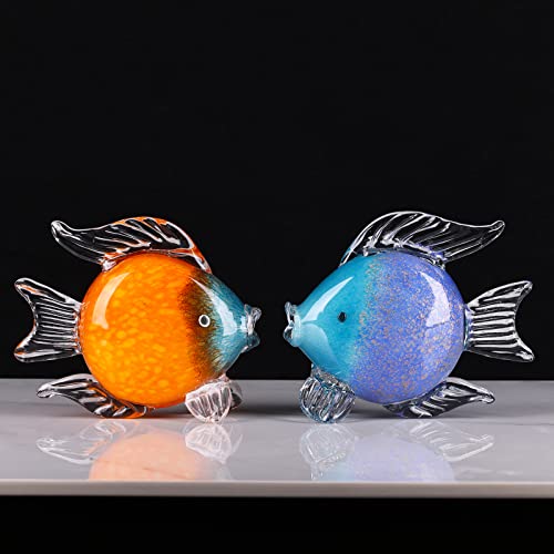 LCCCK Large Glass Fish Figurines Hand Blown Glass Fish Statue and Sculpture Home Decor, Murano Animal Tropical Sea Glass Paperweights for Desk, Glass Aquarium Coastal Beach Decorative (Orange) - color: Orange