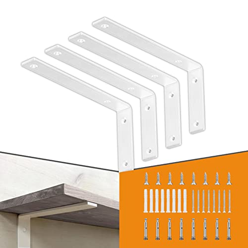 CLT White Shelf Bracket, 12” X 5” Quarter Inch (1/4") Thick- Max Load: 440 lb Rustic Industrial Modern Farmhouse Heavy Duty Cold Rolled Steel Bracket for Table Bench, Space Saving DIY, Pack of 4 - size: 12 Inch, style: White L Bracket